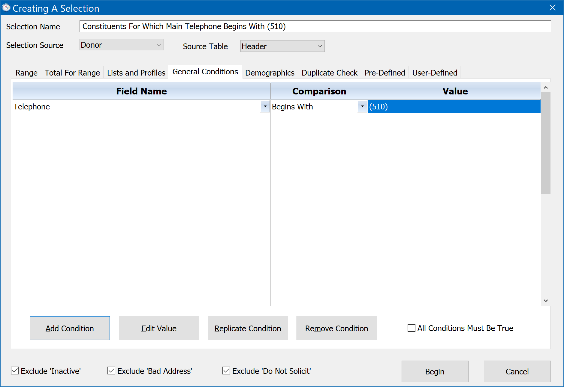 Creating A Selection - Records For Which Main Telephone Begins With (510)