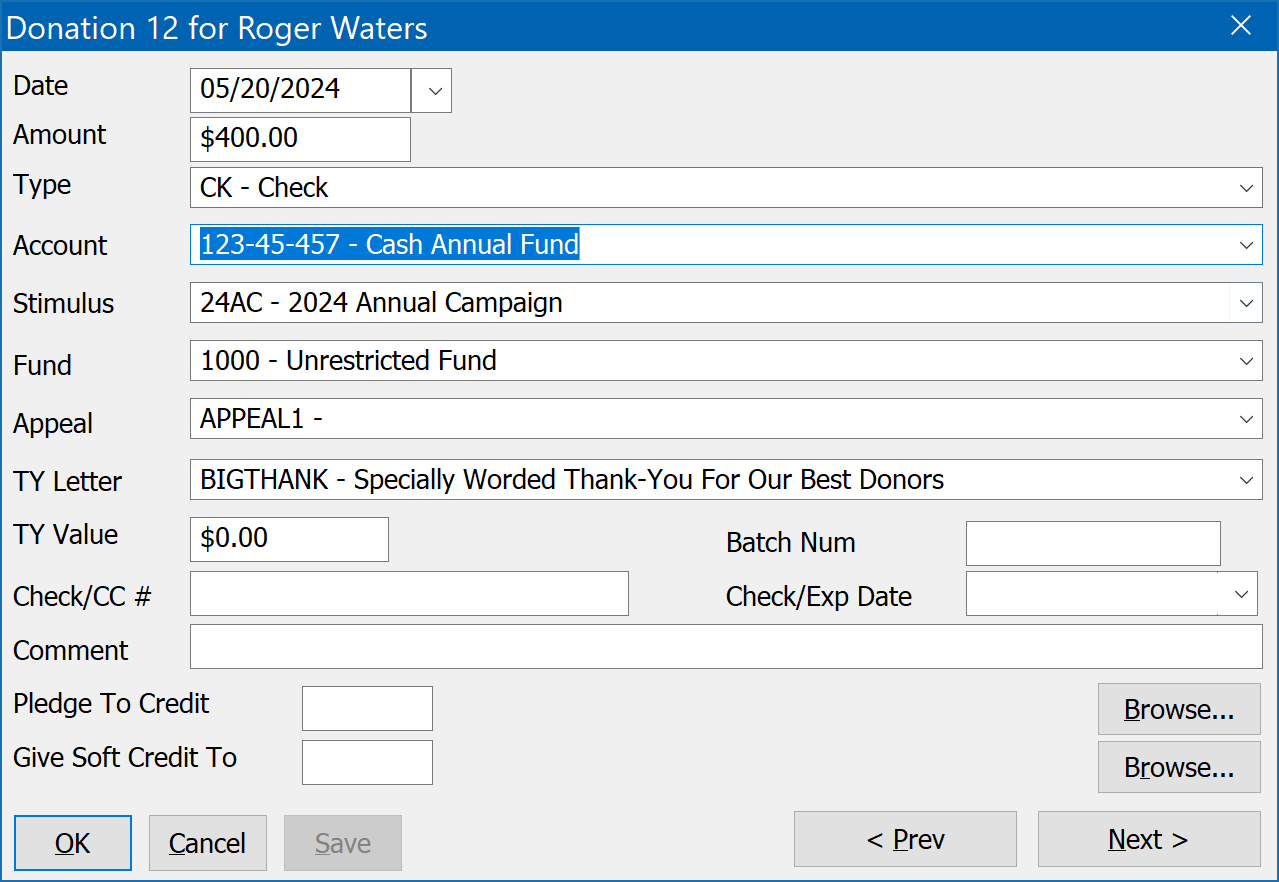 General Ledger Donation Entry - Account Cash Annual Fund