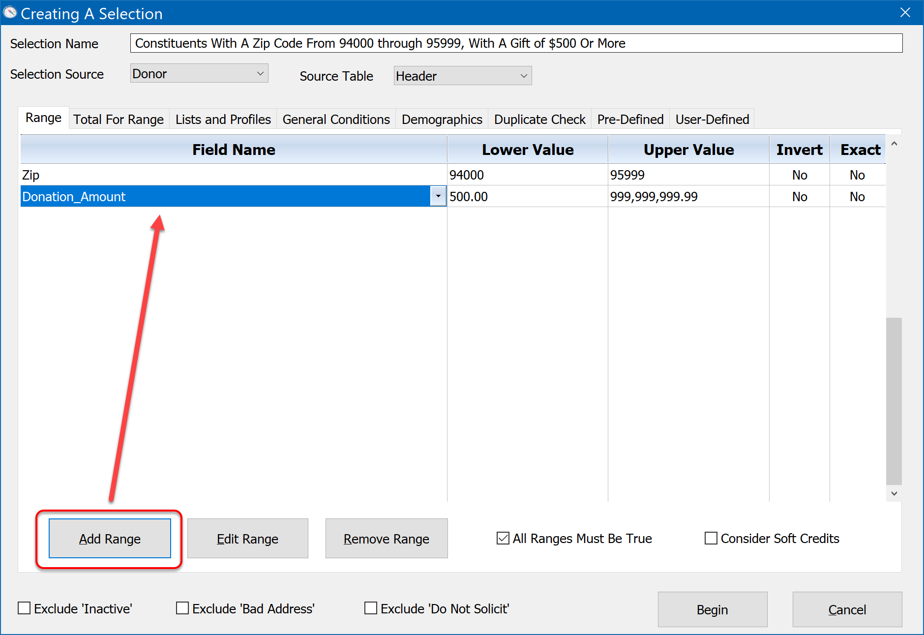 Selecting Constituents with Zip and Amount Ranges 2