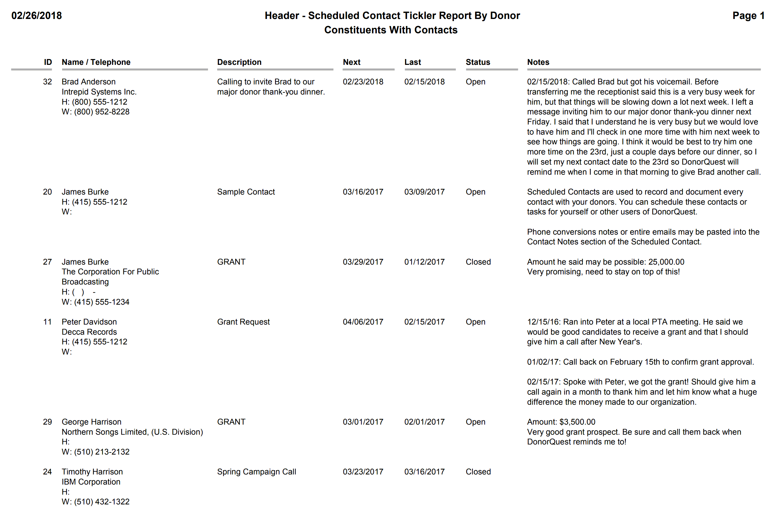 Header - Scheduled Contact Tickler Report By Donor - Most Recent Contact Only