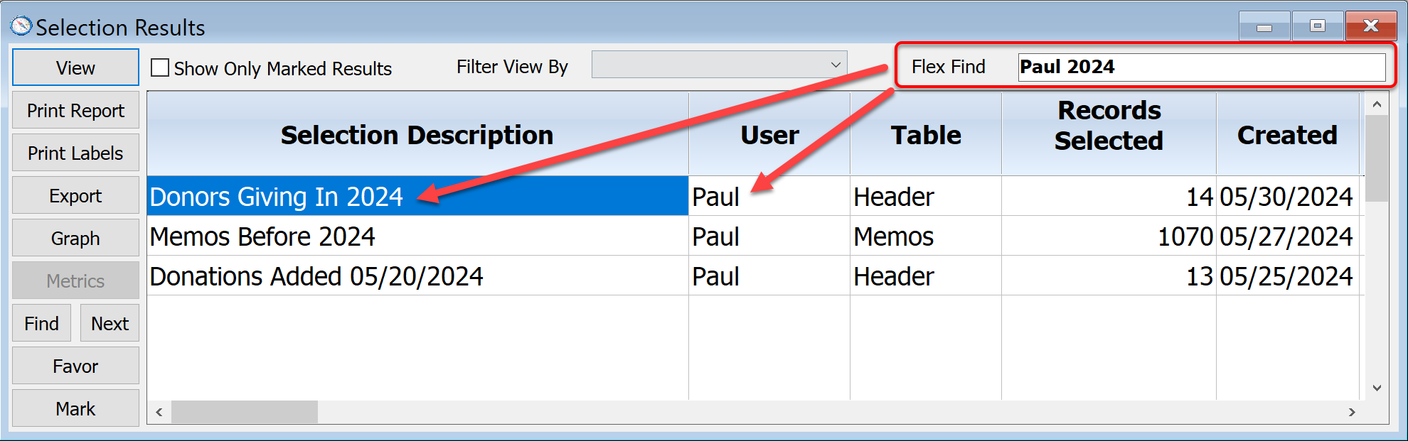 Selection Results Window - Paul and 2017 in Flex Find