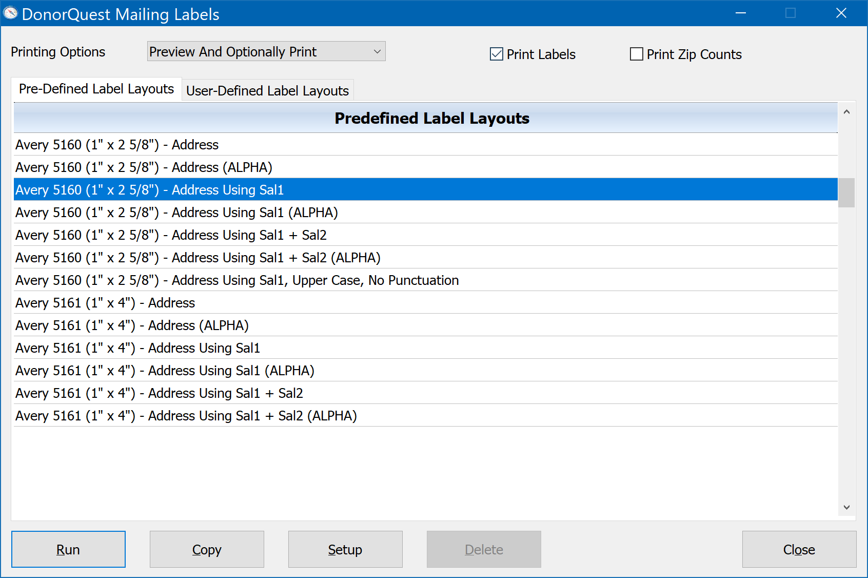 Mailing Label Setup Menu