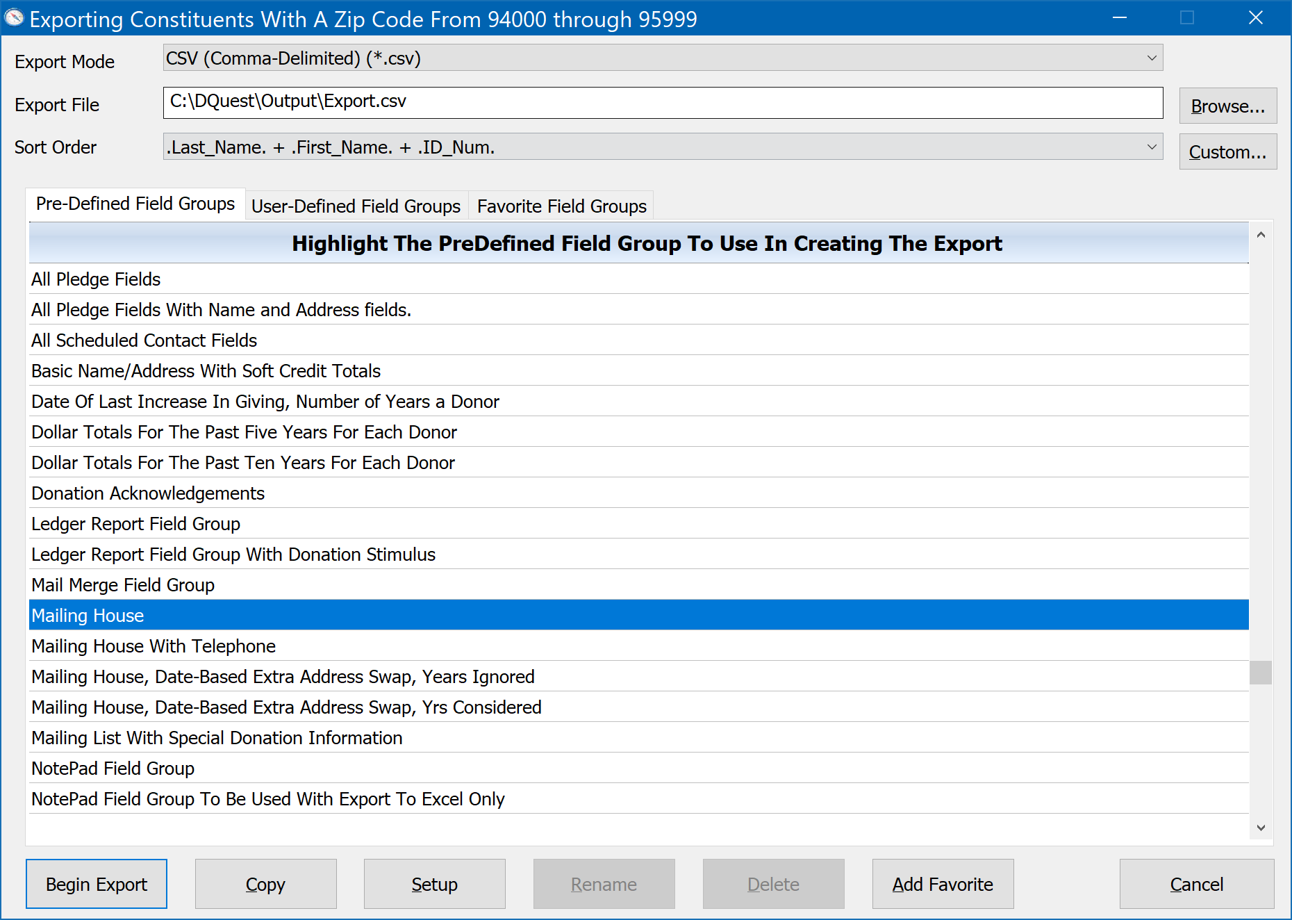 Exporting Constituents With A Zip Code From 94000 through 95999 to csv