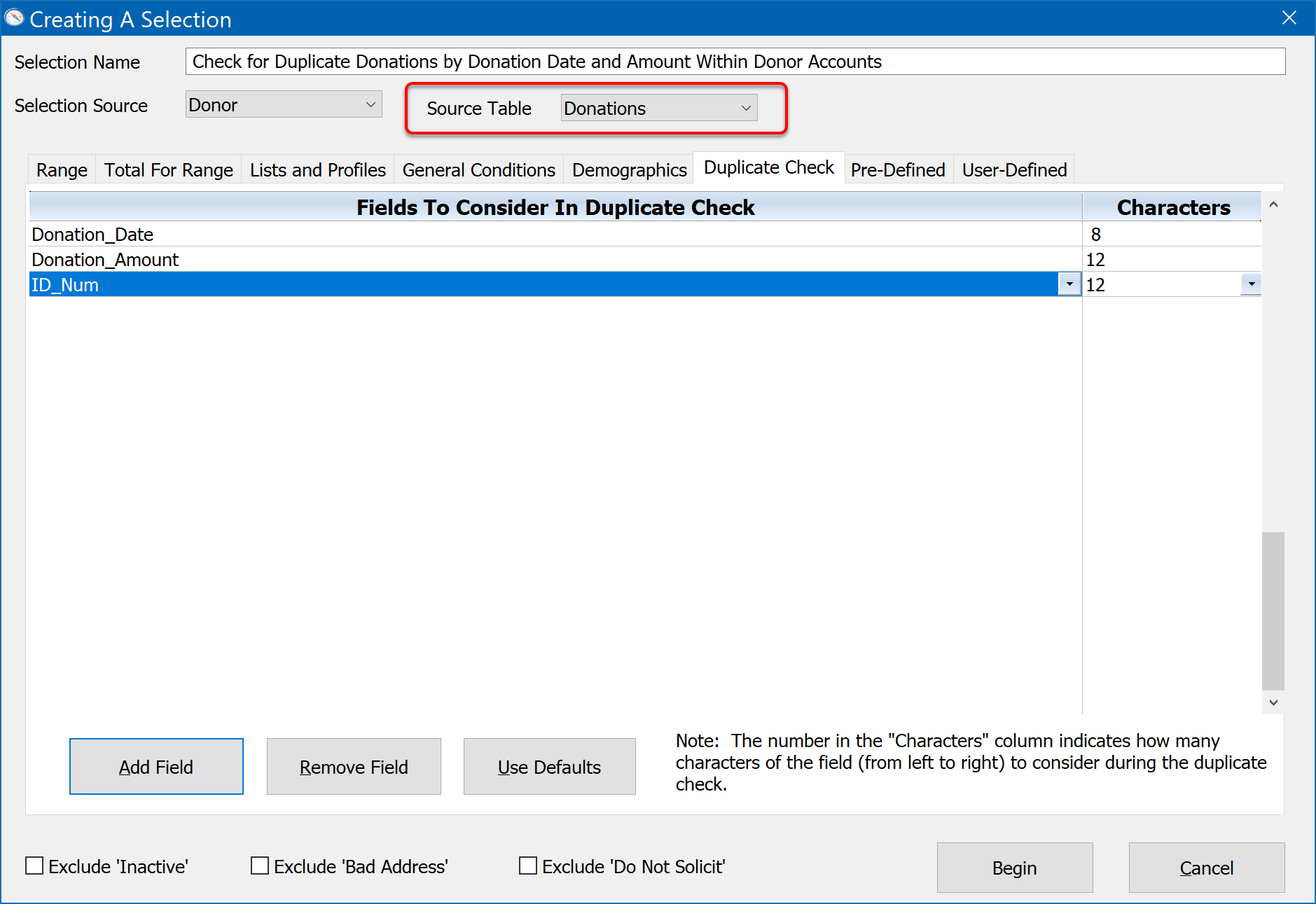 Creating A Selection - Duplicate Record Check - For Donations Within Donor Accounts