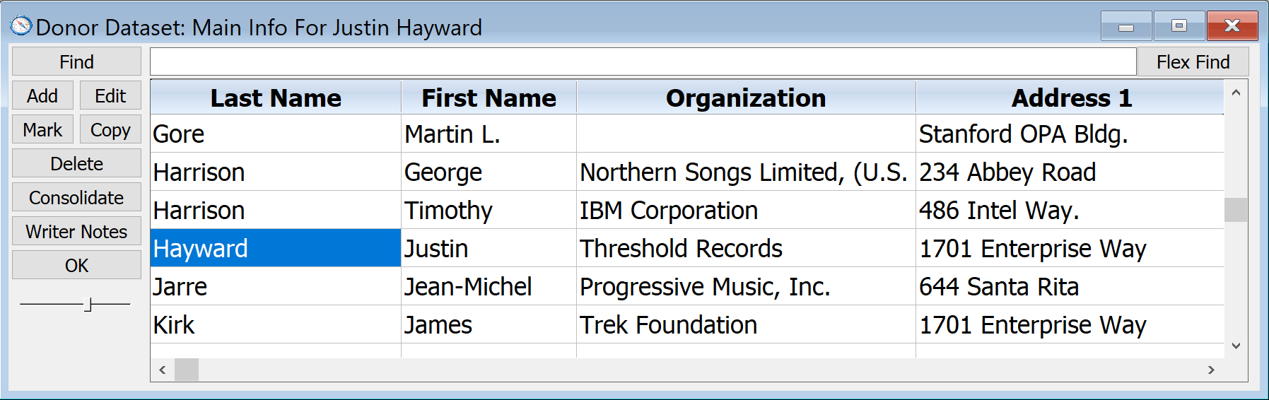 Main Info grid showing all records