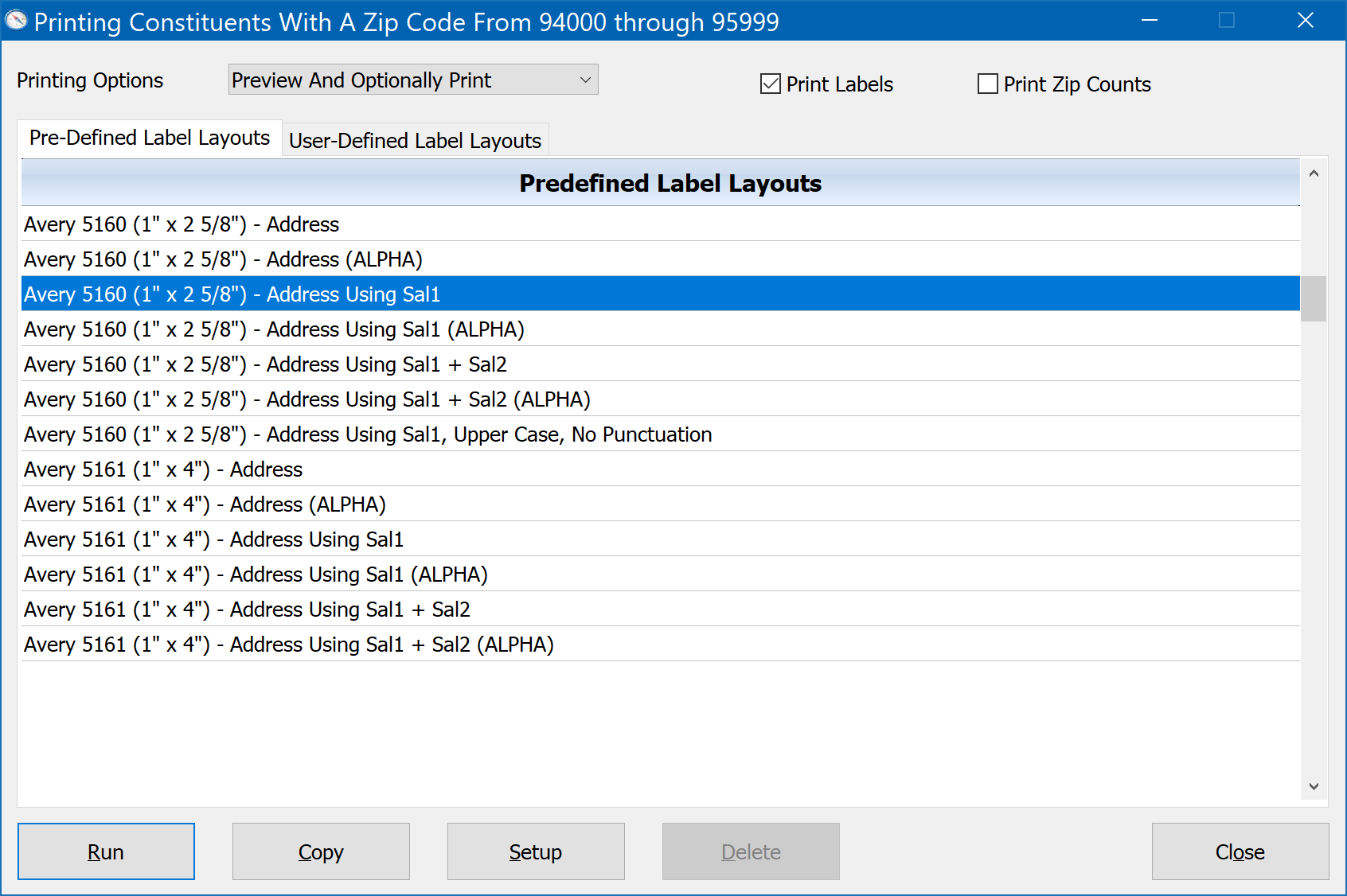 Printing Labels For Donors With A Zip Code Between 94000 And 95999