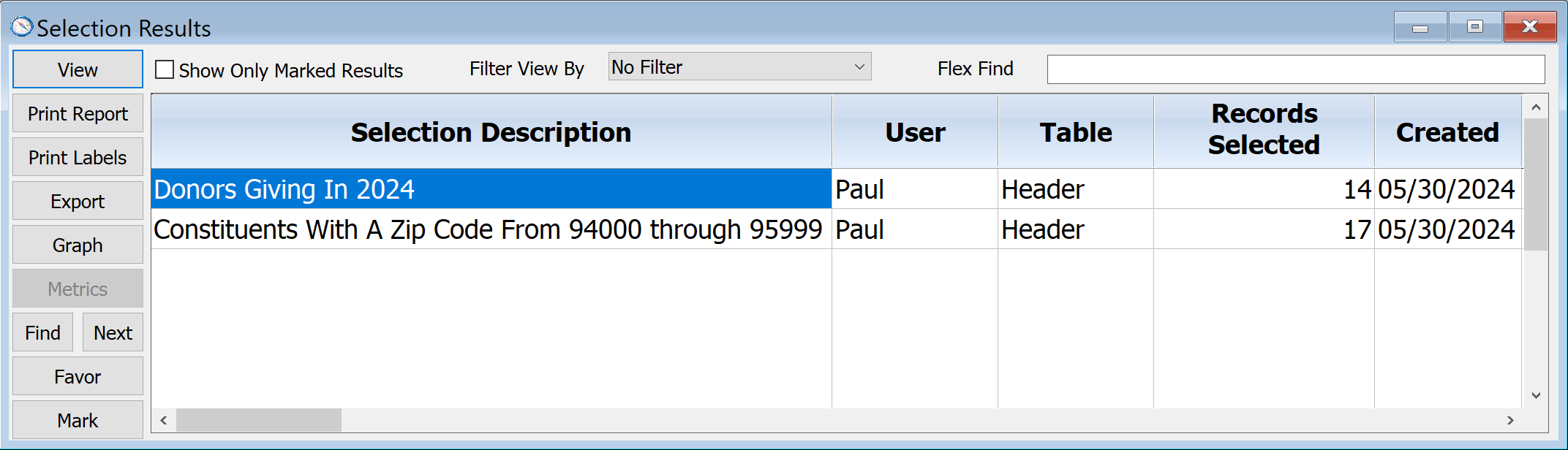 Selection Results Window - Paul In Flex Find