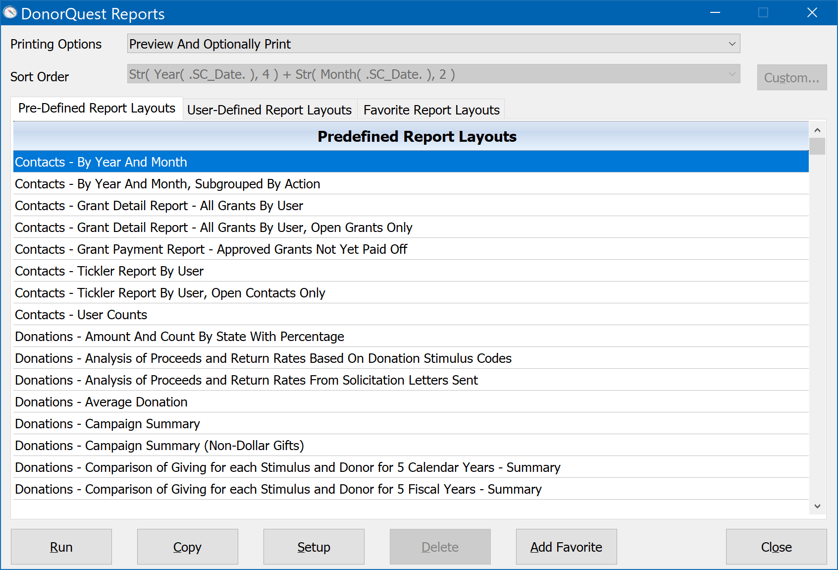 DonorQuest Reports Menu - Direct Printing