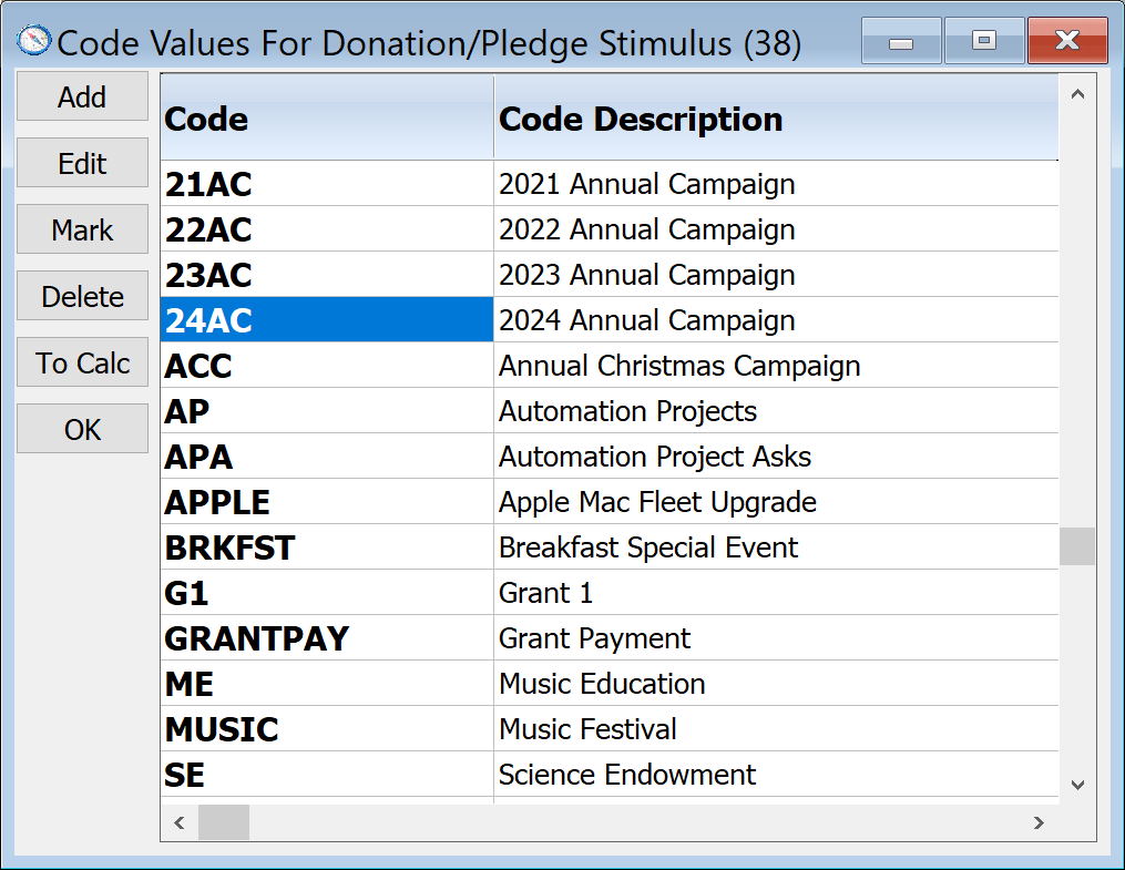 Code Values For Donation-Pledge Stimulus